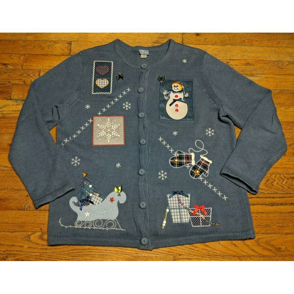 Holiday Editions Traditional Holiday Button‎ Up Sweater Blue Snow Mittens LARGE
